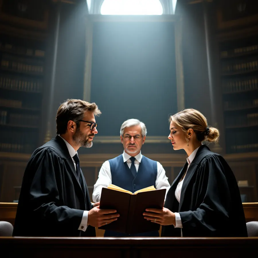 Trois avocats en robe étudient un dossier de cession