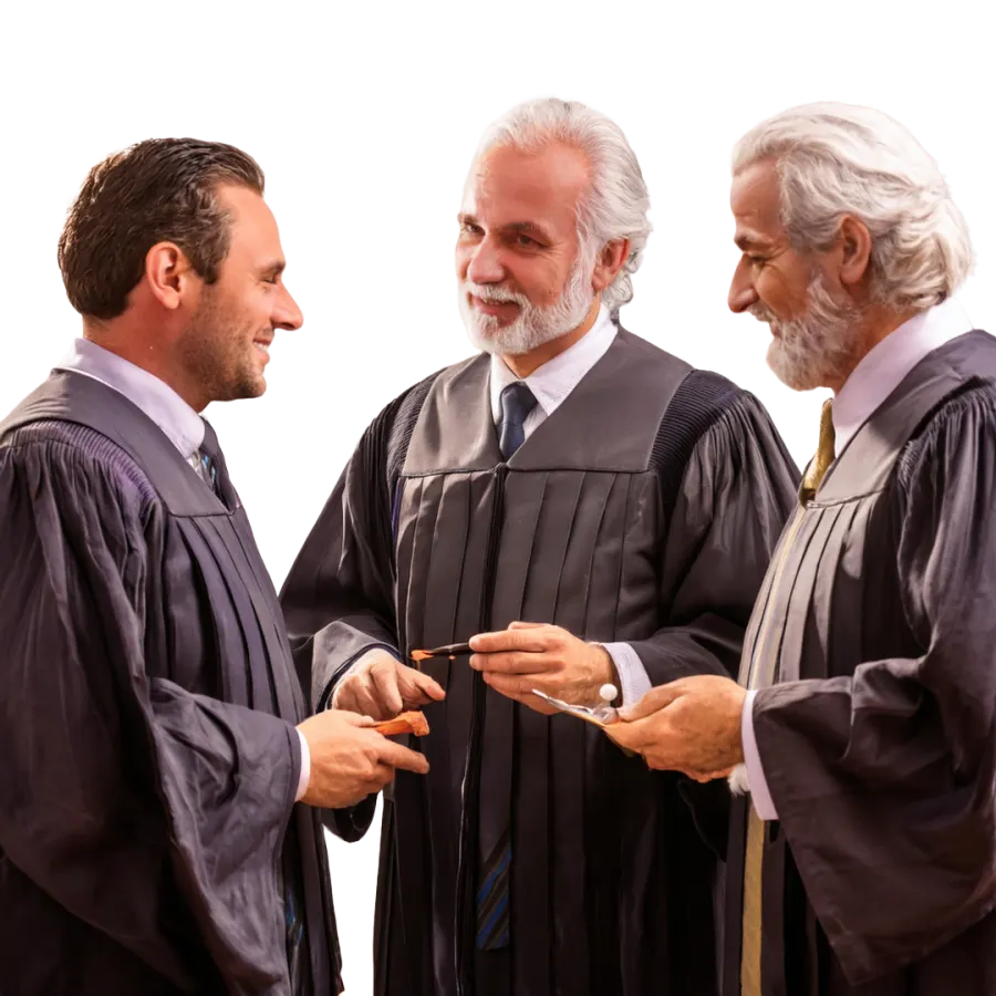 Trois avocats en robe se serrent la main