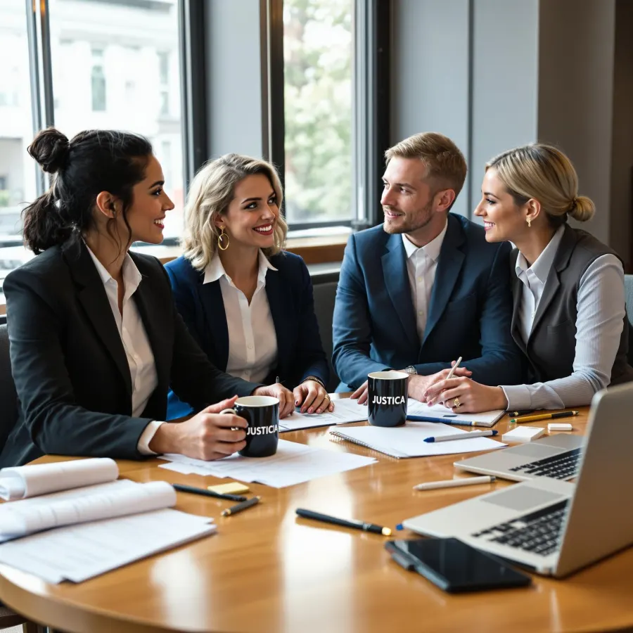 Quatre avocats échangent autour d’une table de réunion